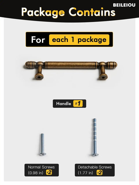 Vintage Antique Brass Cabinet Pulls Set Of Five With Three And Three Quarters Inch Hole Centers, package contents with screws.