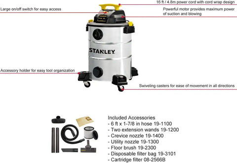 Powerful 5.5 HP Wet Dry Vacuum With 10 Gallon Stainless Steel Tank, Cord Wrap, Rear Blower Port, Double Filtration And Pleated Cartridge Filter displayed with accessories for home and garage cleanup.
