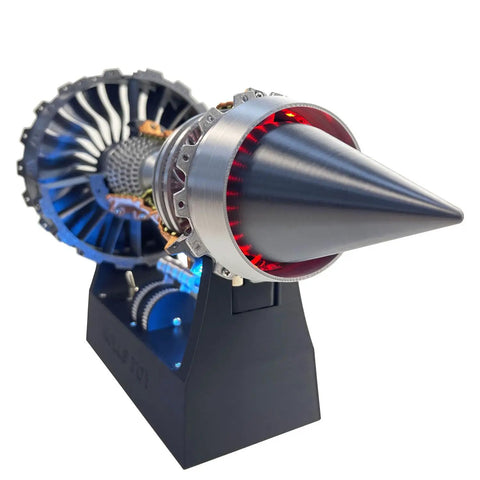 Aircraft Turbofan Engine Model Kit With Magnetic Base Tail And Side LED Lights Type C Charging Infinitely Variable Push Rod Speed 3D Printed Educational Techy Desktop Display Toy For Science Gift, showing front view with glowing LEDs.