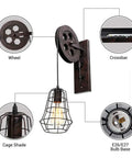 Rad Industrial Wall Sconce With Vintage Metal Cage Shade For Living Room Bedroom Kitchen Hallway And Bathroom Black Surface Mount Ceiling Light showing cage shade, wheel, and E26/E27 bulb base.