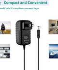 Universal AC DC Adapter For Yaesu VX-8DR Ham Radio Transceiver, plug view, black cord, compact design, shown in various settings