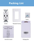 Packing list for Top Shelf Dual USB Wall Outlet, including sockets, receptacle housing, screws, instruction manual, and packaging box.
