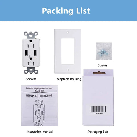 Packing list for Top Shelf Dual USB Wall Outlet, including sockets, receptacle housing, screws, instruction manual, and packaging box.