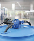 Heavy Duty 12 Volt Def Transfer Pump Handles 8 Gpm Antifreeze Or Washer Fluid No Sweat Compatible With Water Based Solutions featuring hose barb connections on blue drum.