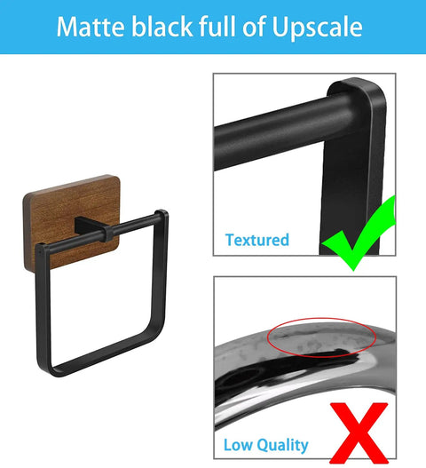 Two Pack Square Towel Ring And Hand Towel Holder in Rustic Wood and Matte Black Metal Finish shown with texture comparison