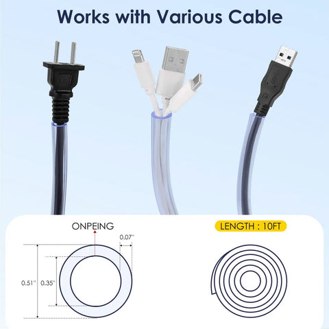 Stop Your Furry Buddies From Turning Cables Into Snacks With This Tough Chew Proof Cord Protector Sleeve Flexible Split Design Slips Right Over Wires And Chargers For Dogs And Cats Ten Feet Long Two Pack Odorless Pvc shown protecting various cable types.