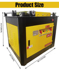 Heavy Duty Electric Rebar Bender With Zero To One Eighty Degree Adjustable Pivot And Rock Solid Cast Iron Frame Built Like A Tank For Tough Job Site Work And Steel Bends, side view showing dimensions.