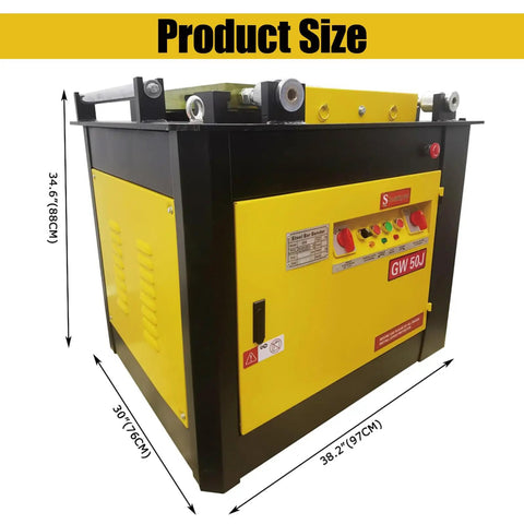 Heavy Duty Electric Rebar Bender With Zero To One Eighty Degree Adjustable Pivot And Rock Solid Cast Iron Frame Built Like A Tank For Tough Job Site Work And Steel Bends, side view showing dimensions.