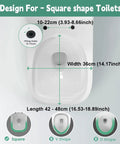 Premium White Elongated Square Front Soft Close Toilet Seat dimensions for square shape toilets with fitting holes marked.