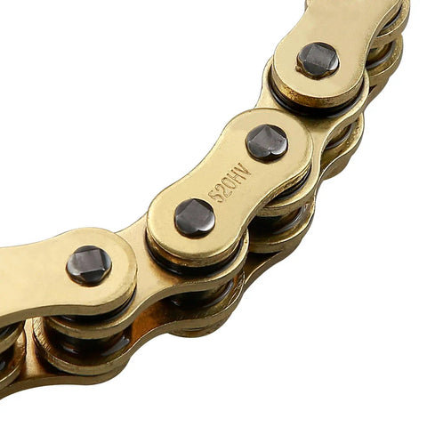 Close-up of Gold 520 X Ring Motorcycle Chain With 114 Links And Master Link, showing robust links and gold finish.