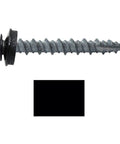 Top Shelf Black Metal Roofing Screws With A Classic Hex Washer Head And Dependable Heavy Duty Rubber Seals For No Sweat Self Drilling Installation On Lasting Roof Panels In A Trustworthy 250 Piece Supply, showcasing an individual black metal screw.