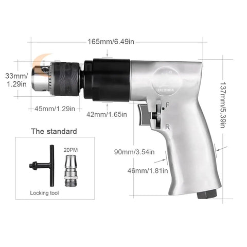 Beast 3/8 Inch Pistol Grip Pneumatic Drill with 1/4 NPT Connection and 1800 RPM Speed for Iron Plates and Floors close-up image.