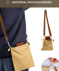 Foraging Bag With Adjustable Shoulder Strap Canvas Foraging Pouch for hiking, collapsible bag worn by model and detail clasp view