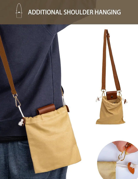 Foraging Bag With Adjustable Shoulder Strap Canvas Foraging Pouch for hiking, collapsible bag worn by model and detail clasp view