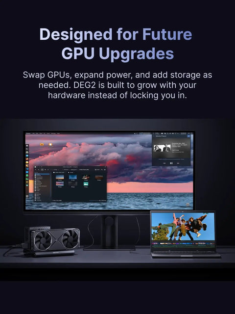 Heavy Duty Dual Mode Usb4 And OcuLink Egpu Dock With Straight Up 80Gbps Speeds Integrated M2 Nvme Bay showcasing GPU upgrades for PC gaming rig.