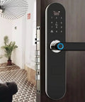 Heavy Duty Fingerprint Smart Door Lock Featuring Built In Doorbell And Slick App Control Electronic Deadbolt For Home Security Password And Key Card Entry Rock Solid Rust Proof Build on wooden door.