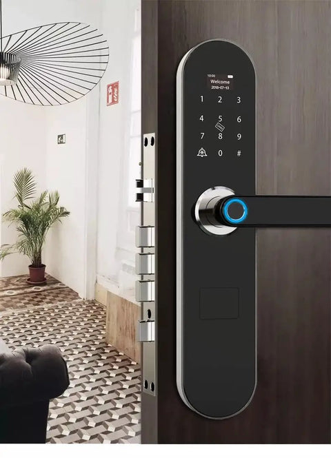 Heavy Duty Fingerprint Smart Door Lock Featuring Built In Doorbell And Slick App Control Electronic Deadbolt For Home Security Password And Key Card Entry Rock Solid Rust Proof Build on wooden door.