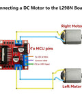 Diagram showing connection of two DC motors to L298N board using detailed wiring instructions.