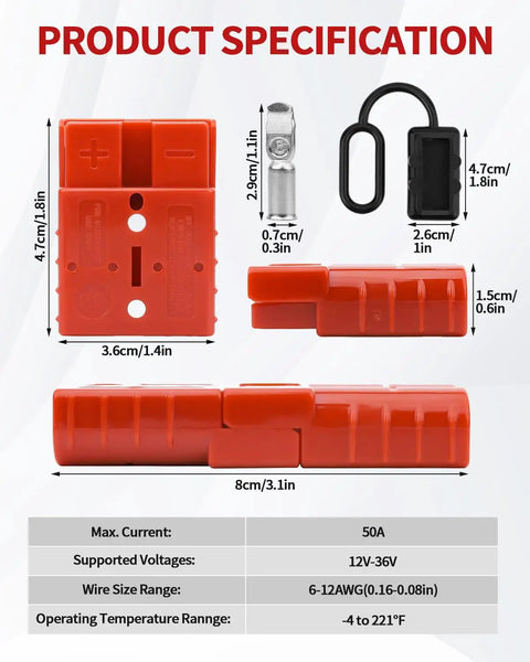 Universal Battery Quick Connect Kit Four Pack 50 Amp For 6 To 12 Gauge Cables 12V 36V Systems Wire Harness Plug Kit Anderson Connector Compatible Great For Cars Bikes ATVs Winches Lifts And Motors. Red plastic connector, 50A, 6-12 AWG, 8cm