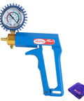 LeLuv Maxi manual vacuum pump in blue with pressure gauge and brass nozzle; includes purple storage bag.