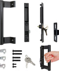 Sliding Glass Door Handle Set With Lock For Patio Doors Easy To Install Replacement For Damaged Hardware Exterior Lock For Security Fits One To One And One Eighth Inch Thick Doors Six And Five Eighths Inch Screw Hole Spacing Black Finish including components visible in image