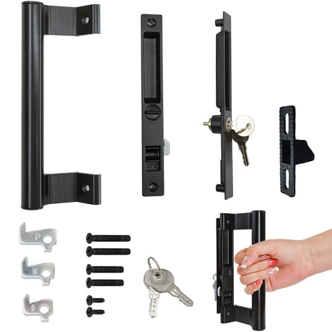 Sliding Glass Door Handle Set With Lock For Patio Doors Easy To Install Replacement For Damaged Hardware Exterior Lock For Security Fits One To One And One Eighth Inch Thick Doors Six And Five Eighths Inch Screw Hole Spacing Black Finish including components visible in image