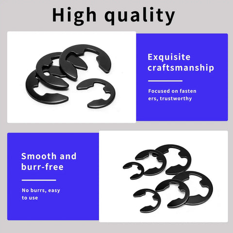 1100 Piece E Clip Retaining Rings Set with C Clips and Snap Rings, close-up of carbon steel, rust-resistant rings, high quality