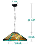 Tiffany Style Pendant Light Fixture 16 Inch Wide Adjustable Height Amber Green Stained Glass Chandelier for kitchen and dining room