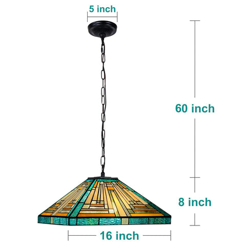 Tiffany Style Pendant Light Fixture 16 Inch Wide Adjustable Height Amber Green Stained Glass Chandelier for kitchen and dining room