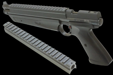 Scope Rail Mount Adapter for Crosman 1377 1322 20mm Top Rail Weaver Picatinny 8.25 Inch Long 21 Slot Wraparound Mount shown with pistol