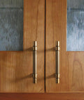 Vintage Retro Antique Brass Zinc Alloy Cabinet Handles 6 Pack With 5 Inch Center To Center Mounting Holes installed on wood cabinet