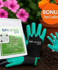 Monhegan Black Earth Lawn Soil That Thickens Patchy Lawns With Compost For Stronger Greener Turf And Water Retention Plus Richer Soil Fertility Includes 7 In 1 Soil Test Strips 20 Count And Claw Gardening Gloves For Easy Lawn Repair And Overseeding next to colorful flowers
