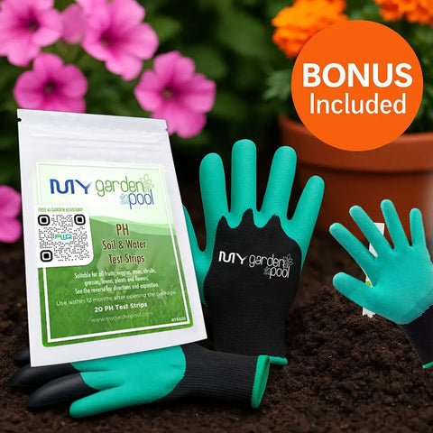 Claw gardening gloves with My Garden Pool soil test strips, part of the Sprout Island Seed Starting Mix 16 Qt With 7-In-1 Test Strips Kit