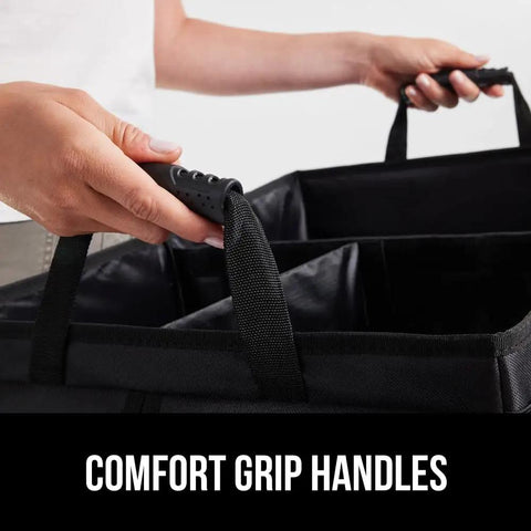 Trunk Organizer For SUV And Car With Big Capacity Collapsible Storage Heavy Duty Multi Compartment Water Resistant and Spill Proof slip resistant durable car accessory, close-up of comfort grip handles in use.
