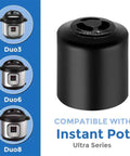 Universal Steam Release Handle And Valve For Duo Series Pressure Cookers 6 Quart To 8 Quart Models Replaces Steam Sealing And Venting Valve Easy Fit Replacement Part For Quick Safe Release pictured next to compatible Instant Pot models.