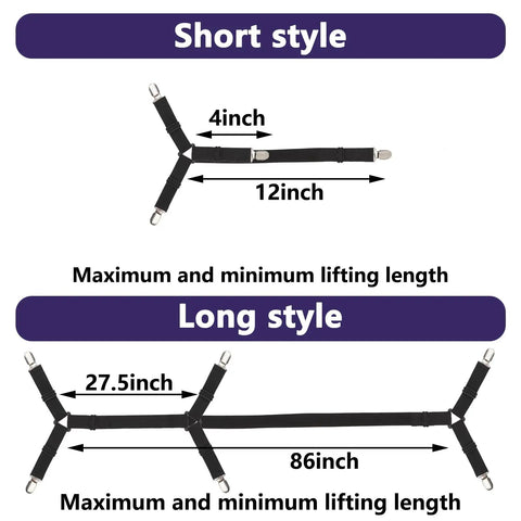 Image showing short and long style of Bed Sheet Straps 6 Piece Set For Full Size Bed, Adjustable Elastic Clips Holders For Corners in black.