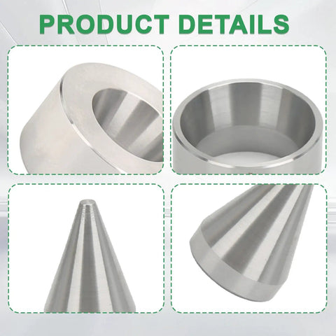 17 Degree Coin Ring Folding And Reduction Die Set For DIY Jewelry, close-up of stainless steel dies and centering cone