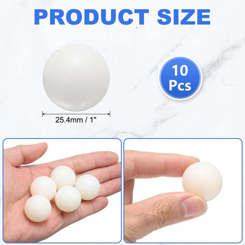 Built Tough One Inch Nylon Solid Balls Ten Pack PA Plastic Bearing Spheres on display in hand, showing size and quality.