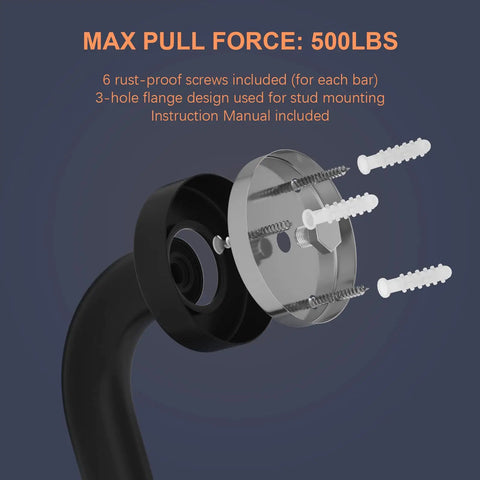 Exploded view of Two Pack Matte Black Shower Grab Bar Set, 40 Inch Stainless Steel Bathroom Hand Rail, flange, screws, 3-hole design.