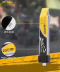 Close-up of a 5 Pack 3.7V 220mAh 45C 1S LiPo Battery for Tiny Whoop Micro Drones with stock connector and quick charge label.