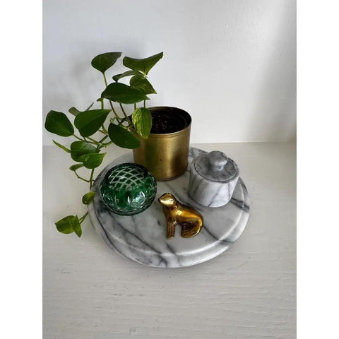 11.75 Inch Marble Lazy Susan Turntable With Vintage Gray Stone Finish, Smooth 360 Degree Rotation, used for decor with plants and ornaments