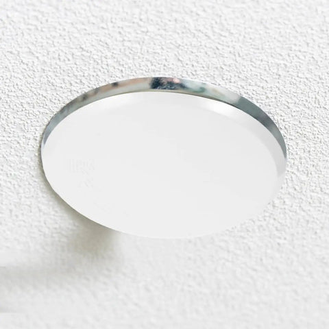 Concealed Premium Quality Fire Sprinkler Covers 2 Pack 3.34 Inch Round Ceiling Rings on textured ceiling.