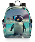 Mini Backpack Purse For Women Multi Functional Go To Everyday Daypack With Adjustable Straps featuring a penguin print wearing sunglasses.