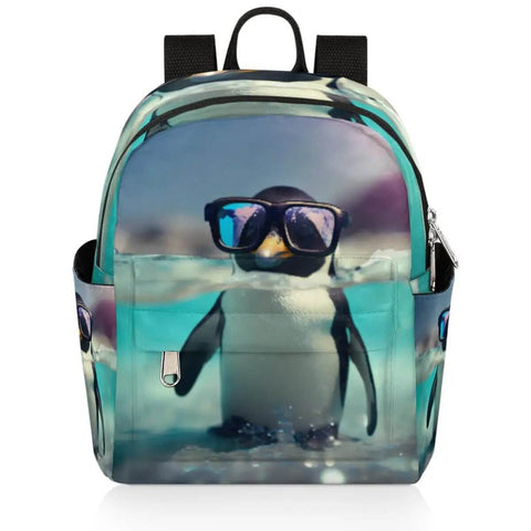 Mini Backpack Purse For Women Multi Functional Go To Everyday Daypack With Adjustable Straps featuring a penguin print wearing sunglasses.