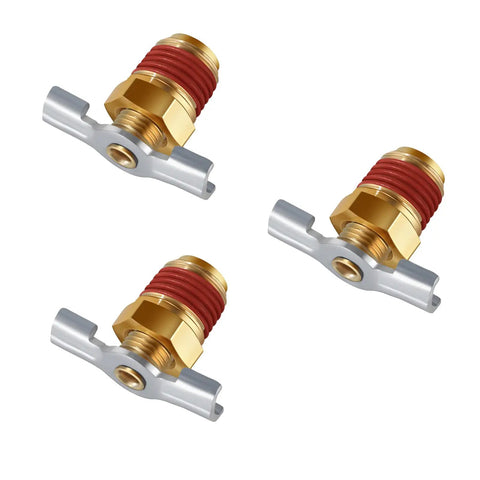 Three Pack Brass Wing Style Drain Valve With Wing Nut Handle For Air Tanks One Quarter NPT Inlet Replacement Drain Cock