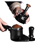 Dope Espresso WDT Tool Featuring Nine Pin Rotary Stirrer in use on coffee grounds for clump-free extraction results.