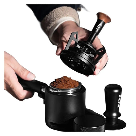 Dope Espresso WDT Tool Featuring Nine Pin Rotary Stirrer in use on coffee grounds for clump-free extraction results.