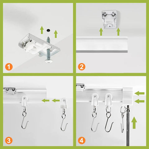 Flexible Ceiling Curtain Track System For Ceiling Mounted Sliding Rail Made For Quick No Sweat Install 8ft Track With All Hardware Cut To Size With Hacksaw Heavy Duty Metal Plate For Strong Lateral Support And Smooth Quiet Curtain Movement, ceiling clip install steps