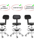 Rolling Stool With Back Support, Hydraulic Height Adjustable, three grey chairs without foot ring, wheels, ergonomic office, salon design.