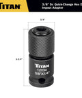 Three Eighths Inch Square Drive To One Quarter Inch Hex Quick Change Adapter For Impact Wrenches And Ratchets Heavy Duty Chrome Molybdenum Steel With Quick Release Collar Built To Last shown with dimensions